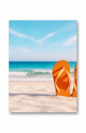 Orange flip flops standing in sand on sunny beach with turquoise sea and blue sky in soft background, symbolizing summer vacation mood.