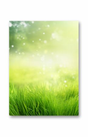 Abstract natural background with lush green young grass under bright sun with beautiful light effects and bokeh.