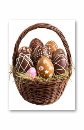 Decorative chocolate Easter eggs in a woven basket with colorful accents on a transparent background, Chocolate Easter Egg Gift in Basket Isolated on transparent background