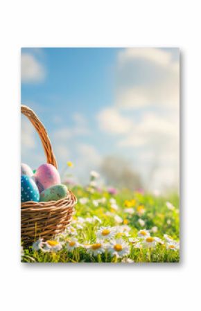 Colorful Easter eggs in a basket on spring grass with blooming daisies. Perfect for festive cards, seasonal decorations, egg hunts and holiday joy in nature.