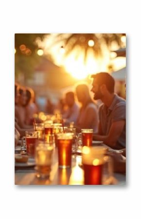 Group people relax outdoor bar at golden hour. Friends drink beer, dine. Evening social gathering at summer restaurant during sunset. Festive ambience with soft bokeh.