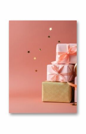 Elegant pink and gold gift boxes with ribbons and star confetti on peach background