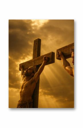 Biblical depiction of Jesus crucified alongside the good thief who repented before his death. Truly I tell you, today you will be with me in paradise