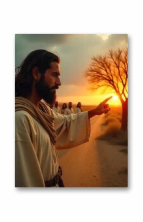 Savior gesturing toward withered fig tree, disciples observing biblical moment at golden desert sunset, illustrating Gospel narrative from Matthew