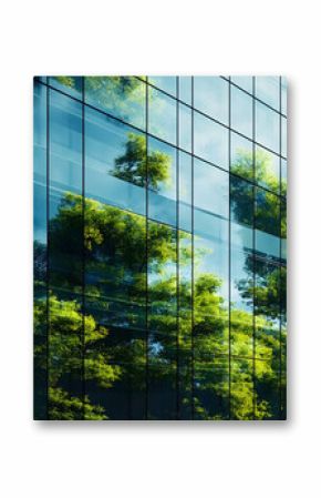 Exemplifying the ESG - Environmental, Social, Governance concept, a corporate glass building facade reflects green trees. Importance of integrating sustainability into business practice. Generative AI