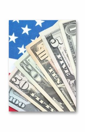 American US dollars money bills and on American flag close up