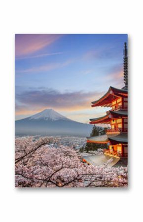 Fujiyoshida, Japan Beautiful view of mountain Fuji and Chureito pagoda at sunset, japan in the spring with cherry blossoms
