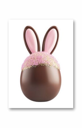 Chocolate Easter egg with pink bunny ears and golden sprinkles isolated on white transparent background. Festive and sweet Easter-themed concept
