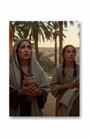 Women at Jesus Tomb Surprised. Biblical easter story scene of two women finding empty tomb. Religious easter history background resource for easter card and poster. 