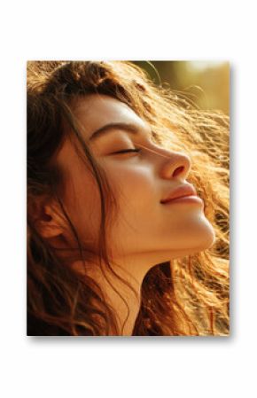 Young woman with long hair enjoying sun with closed eyes getting natural vitamin D outdoors. Peace of mind. Mindfulness, mental health,  spirituality, well-being, unwind yourself 