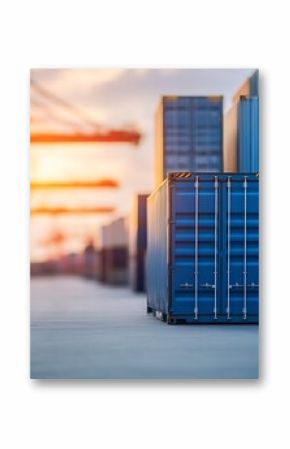 A single blue shipping container stands prominently in the foreground, with a blurred background of numerous other containers and large industrial cranes at sunset, suggesting a busy p : Generative AI