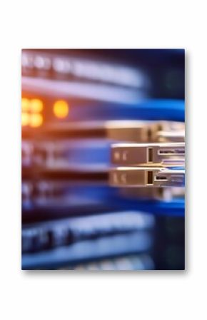 Close-up of server rack with blue fiber optic cables connected, showcasing data center technology and network infrastructure. : Generative AI