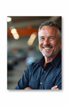 Smiling portrait of middle-aged car mechanic at workshop. Happy man in professional uniform with arms crossed. Automotive service technician stands near cars. Repair and maintenance concept.