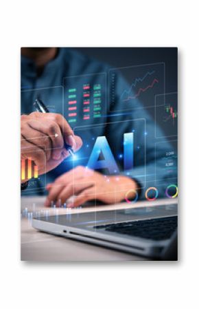 AI and data analysis for financial report with digital charts, dashboard, and virtual interface on laptop.Artificial intelligence and big data. business investment and stock market insights.