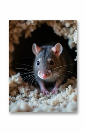 Close-up of rat in home insulation. Rodent peeks out, highlighting pest control need. Attic, wall damage signals infestation. Prevention, removal crucial for hygiene, safety.