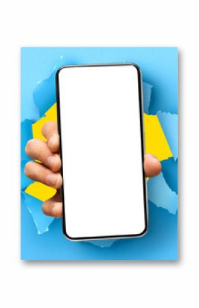 Mobile App Promo, Great Offer. Closeup of hand holding smartphone with white empty screen showing device close to camera breaking through blue paper sheet. Blank display with free copy space, mock up