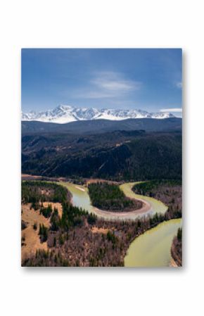 Aerial photo landscape winding river Chui meanders in mountains, forest trees with sunlight, Altai Russia, top view