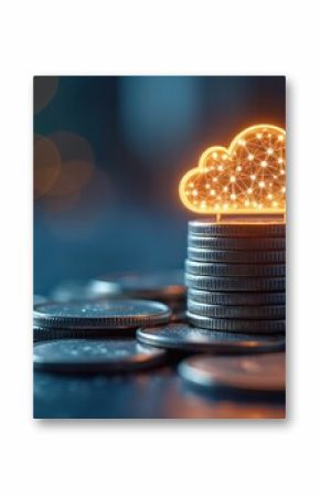 Cloud computing cost efficiency savings. Stacked coins with glowing cloud symbol. Automation performance management, resource optimization, budget. Financial technology, digital transformation, data