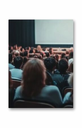 A large audience attentively listens to a speaker during a presentation in a dimly lit auditorium.  Rows of people are seated, facing a screen and a person giving a talk. : Generative AI