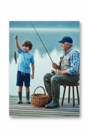 A young male child proudly holds up a caught fish while an older man sits beside him fishing on a dock
