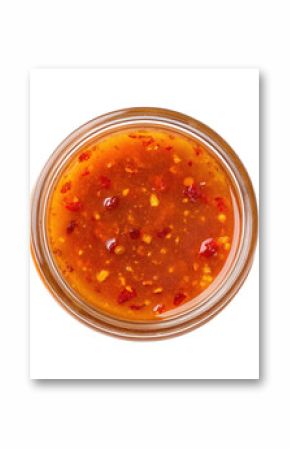 Glass jar filled with delicious, fermented hot honey, creating a sweet heat sauce enriched with probiotics, captured from above against a transparent background