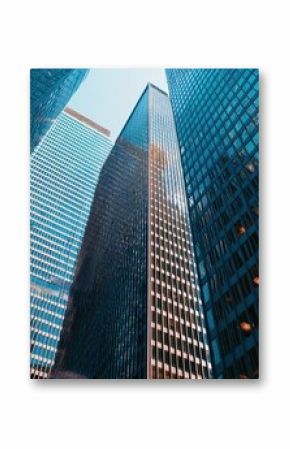 A cinematic view of business skyscrapers with sharp architectural lines and brilliant reflections..