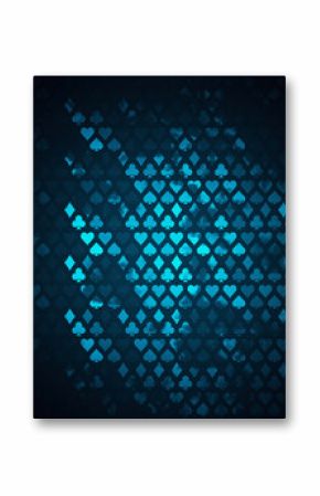 Abstract dark blue background with glowing poker card suit symbols in geometric pattern on modern empty backdrop. 3D Rendering. 3D Rendering