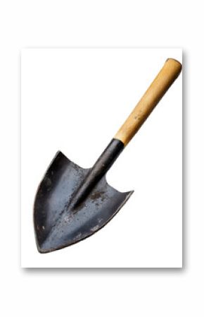 Old weathered shovel with wooden handle isolated on white background