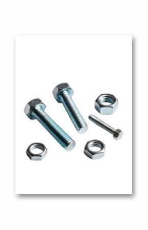 various metal bolts and nuts isolated on a transparent background arranged in three different groupings showcasing different sizes and styles of fasteners