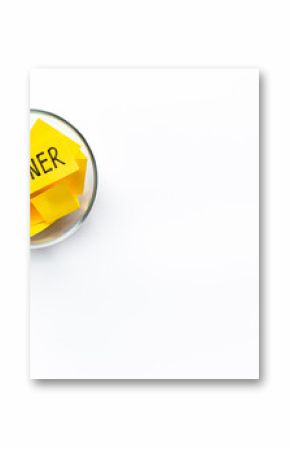 Winner on piece of paper in glass jar, top view. Luck and success concept.