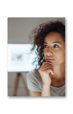 Focused woman analyzing futuristic digital data interfaces on transparent screens in a modern workspace. 