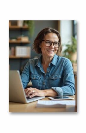 Smiling business woman in office using laptop. 40 years old entrepreneur working online. Female owner wearing denim shirt, glasses, sitting at desk. Boxes, tablet, plants, shelves background. Modern