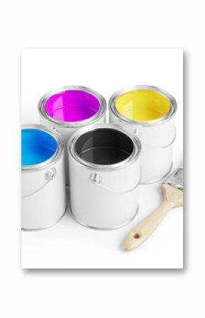 CMYK ink color paints in cans and brush - 3d illustration
