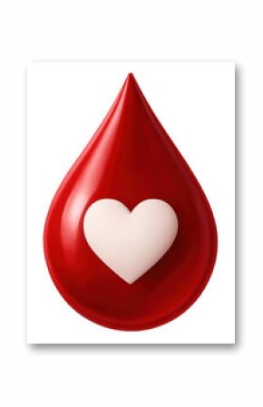 Blood droplet showing crimson color, white heart shape symbolizing medical donation, healthcare support against neutral backdrop
