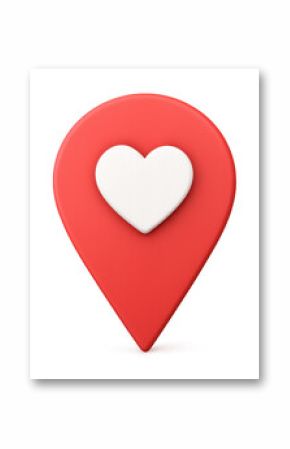 3d rendering depicting red location pin featuring white heart, symbolizing romantic locations, dating apps, love connections on transparent background