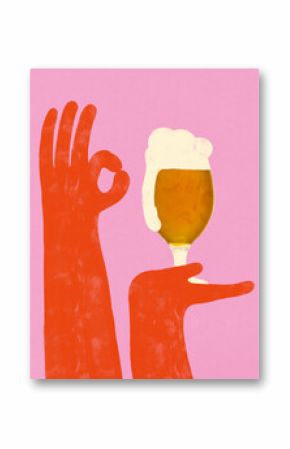 Orange cartoon hand showing okay sign and holding foamy beer glass on pink background. Funny drawing artwork. Flat folk design. Concept of good beer, fun vibe, party moment, bar celebration.