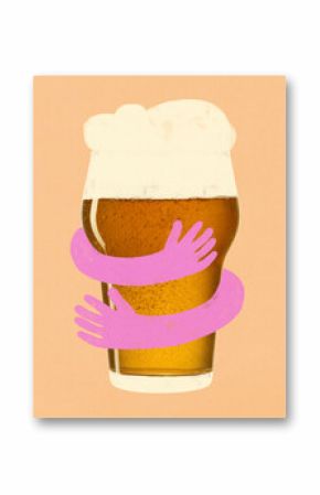 Beer glass with foam being hugged by two pink arms on peach background. Modern art design. Flat folk design. Concept of beer love, fun celebration, surreal drink mood, and playful party