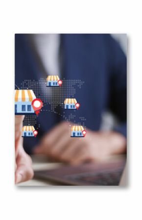 Franchise business store shop concept. Investment expansion with location world map and open new branch shop. Businessman touching franchise icon on virtual screen.