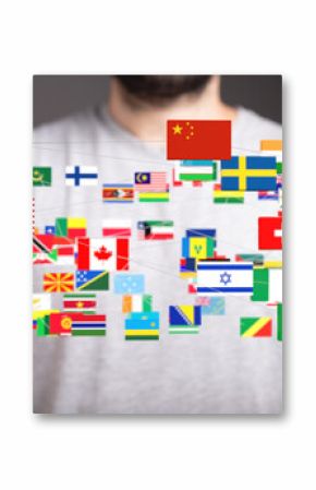 Flags of the world interconnected, symbolizing global collaboration and communication.