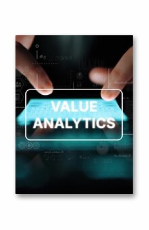 Hands Interacting with Touchscreen Device Displaying Value Analytics in a High-Tech Environment. Asymptotic smart data analytic.