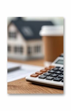 Calculator and Model House on Wooden Desk, Representing Real Estate Finance and Investment Planning, With Coffee Cup in Background : Generative AI