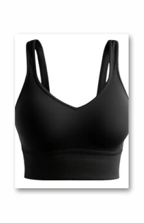 Black sports bra mockup featuring shoulder straps, perfect for displaying activewear designs or fitness branding against a transparent background for versatile integration
