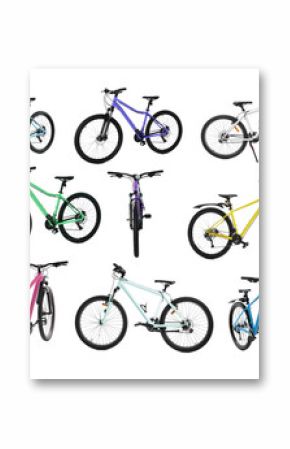 Different color bicycles on white background, collage