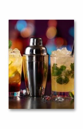 The vibrant array of colorful cocktails with a shiny shaker on the bar.