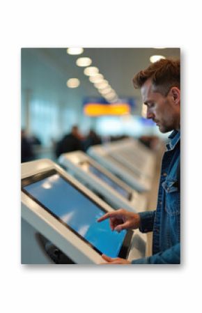 Man uses electronic check-in kiosk in modern airport terminal. Passenger touch screen, accessing flight info. Travel, technology, self-service, automated, vacation. Digital display, airline service,