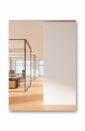 Modern office interior with glass walls and large blank poster mockup on clean white wall in bright open workspace illuminated by natural light. 3D Rendering