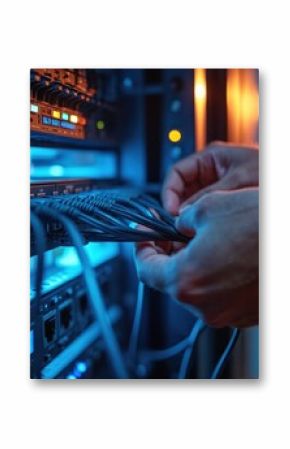 Computer technician connects network cables in server room. Man works with server equipment, fixes computer problems. Data center, internet, support, network engineer job, data protection, cyberspace.
