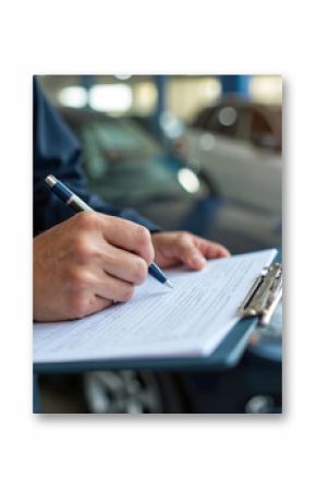 Mechanic writes in clipboard at auto repair shop, car service concept. Car maintenance, vehicle inspection, routine check by technician in garage. Automotive professional.