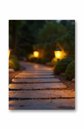 Solar lanterns illuminate stone garden path at night. Warm lights along pathway through green bushes, trees. Night photography for landscaping, home decor, outdoor design inspiration.