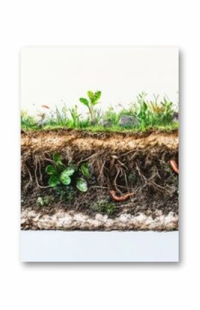 Fertile soil cross-section: plant roots, earthworms, microorganisms, underground life, ecosystem illustration, garden growth, healthy soil, nature's balance, soil health, educational graphic.